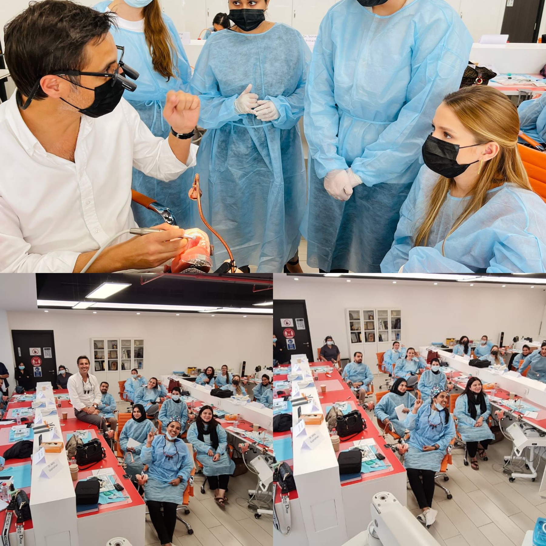 Dr. Succaria demonstrating during a hands-on veneer workshop, surrounded by participating dentists